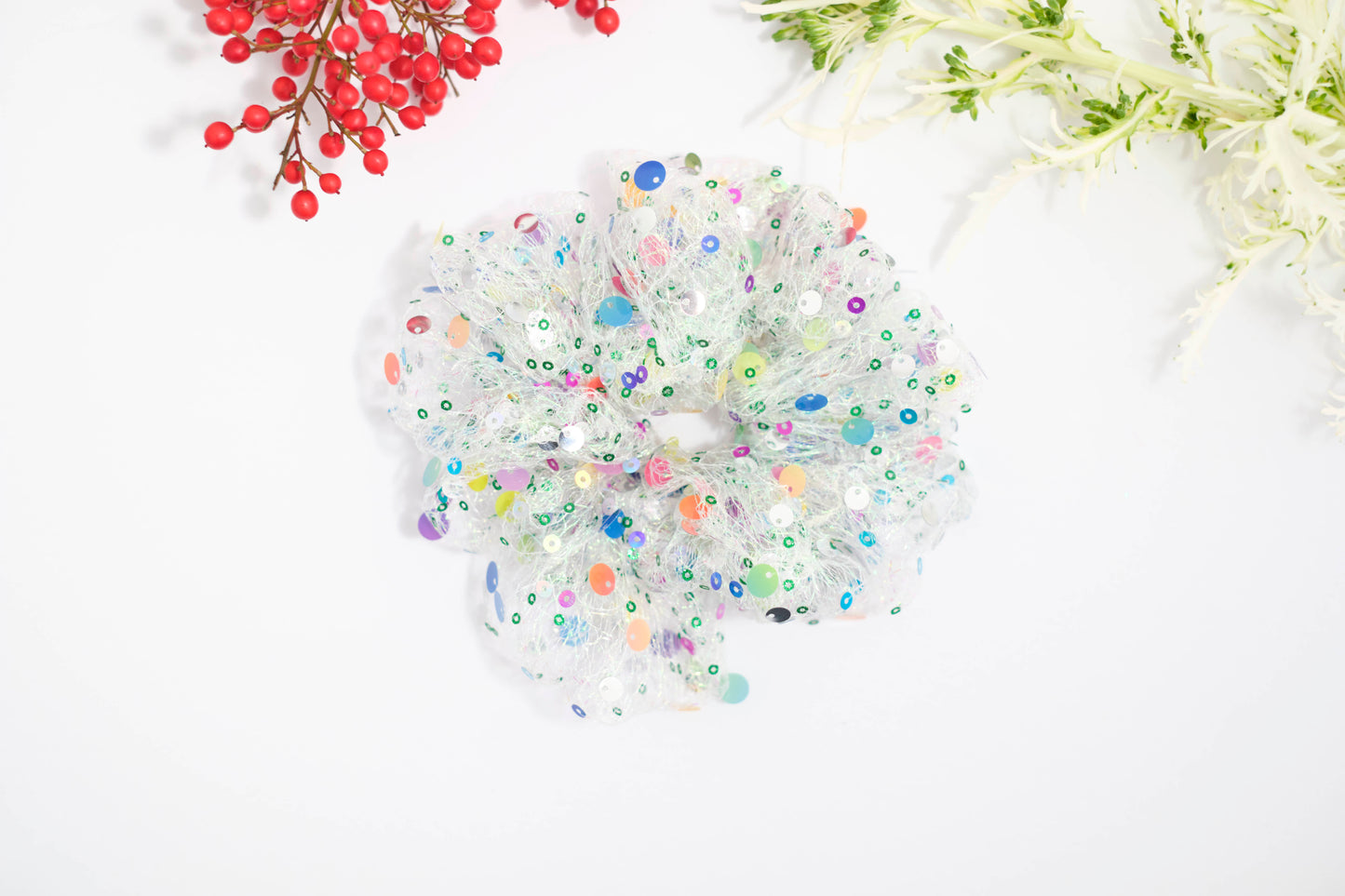White Mesh Scrunchie with Colorful Sequins - Sparkly Hair Tie