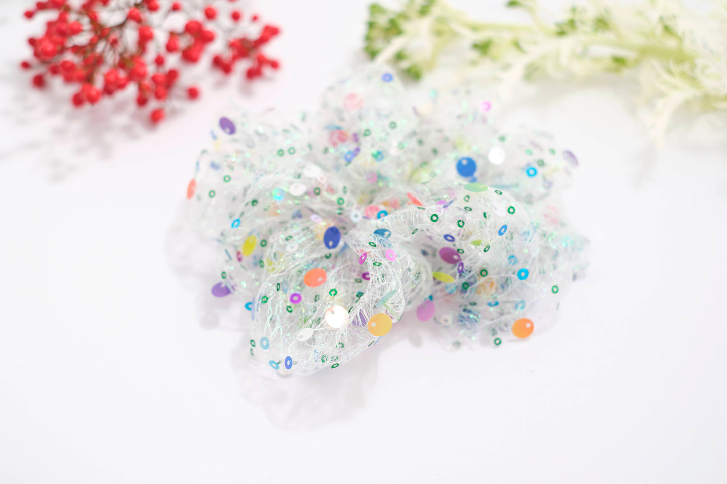White Mesh Scrunchie with Colorful Sequins - Sparkly Hair Tie