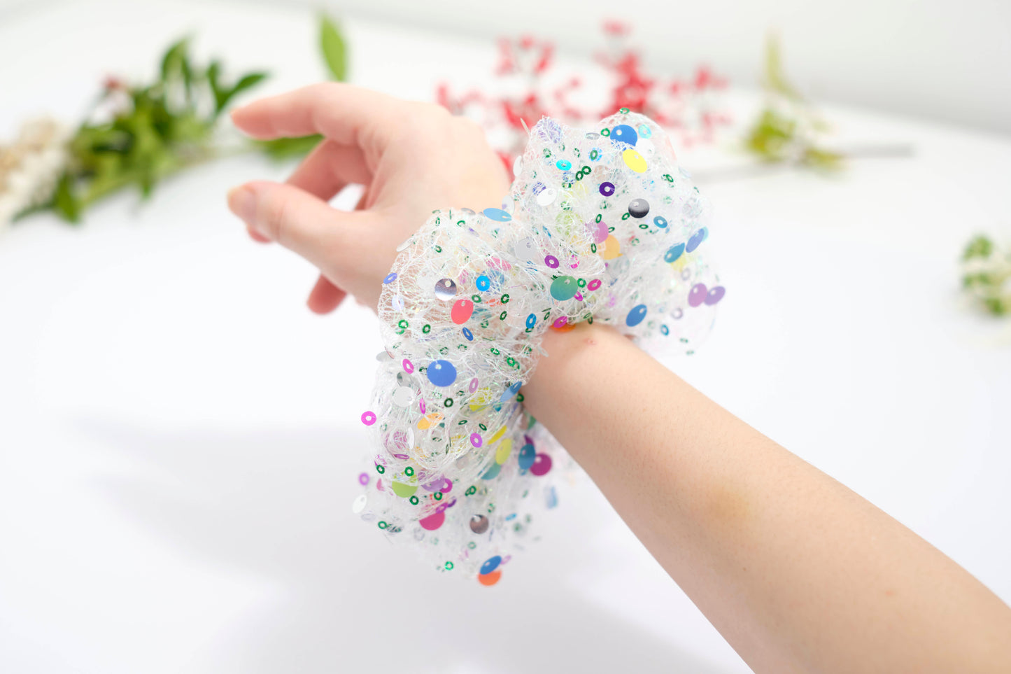 White Mesh Scrunchie with Colorful Sequins - Sparkly Hair Tie