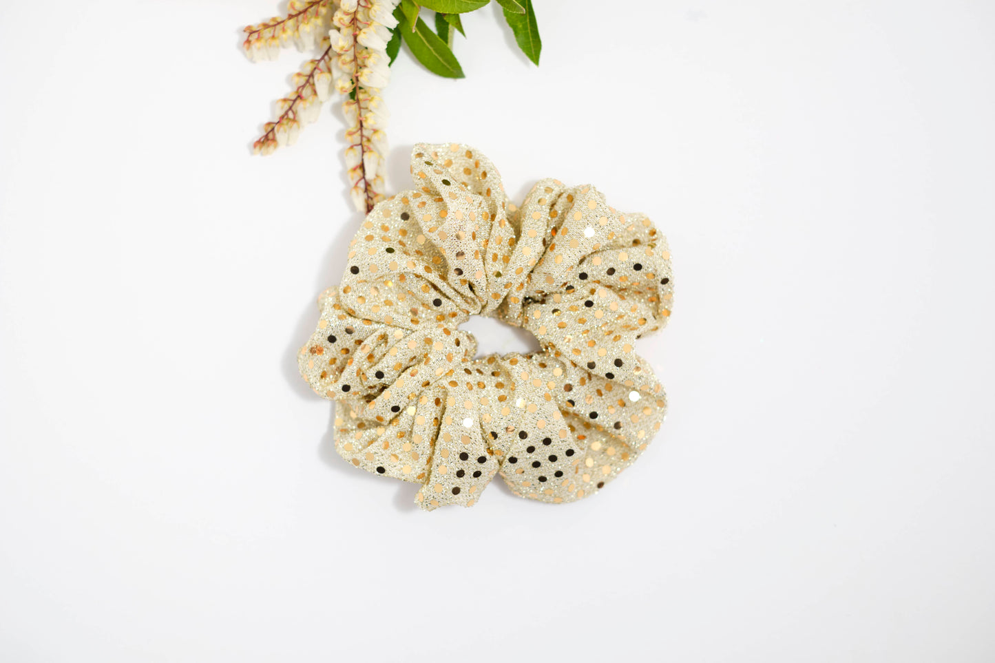 Champagne Scrunchie with Gold & Silver Sequins - Sparkly Hair Tie