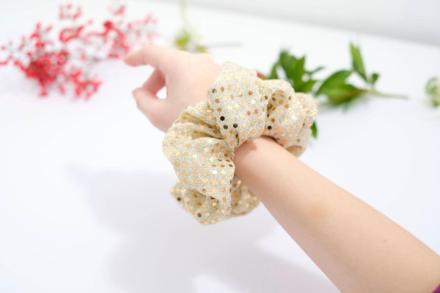 Champagne Scrunchie with Gold & Silver Sequins - Sparkly Hair Tie