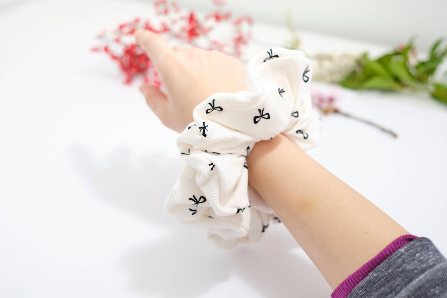 Ivory Scrunchie with Black Bow Print - Cute Hair Tie