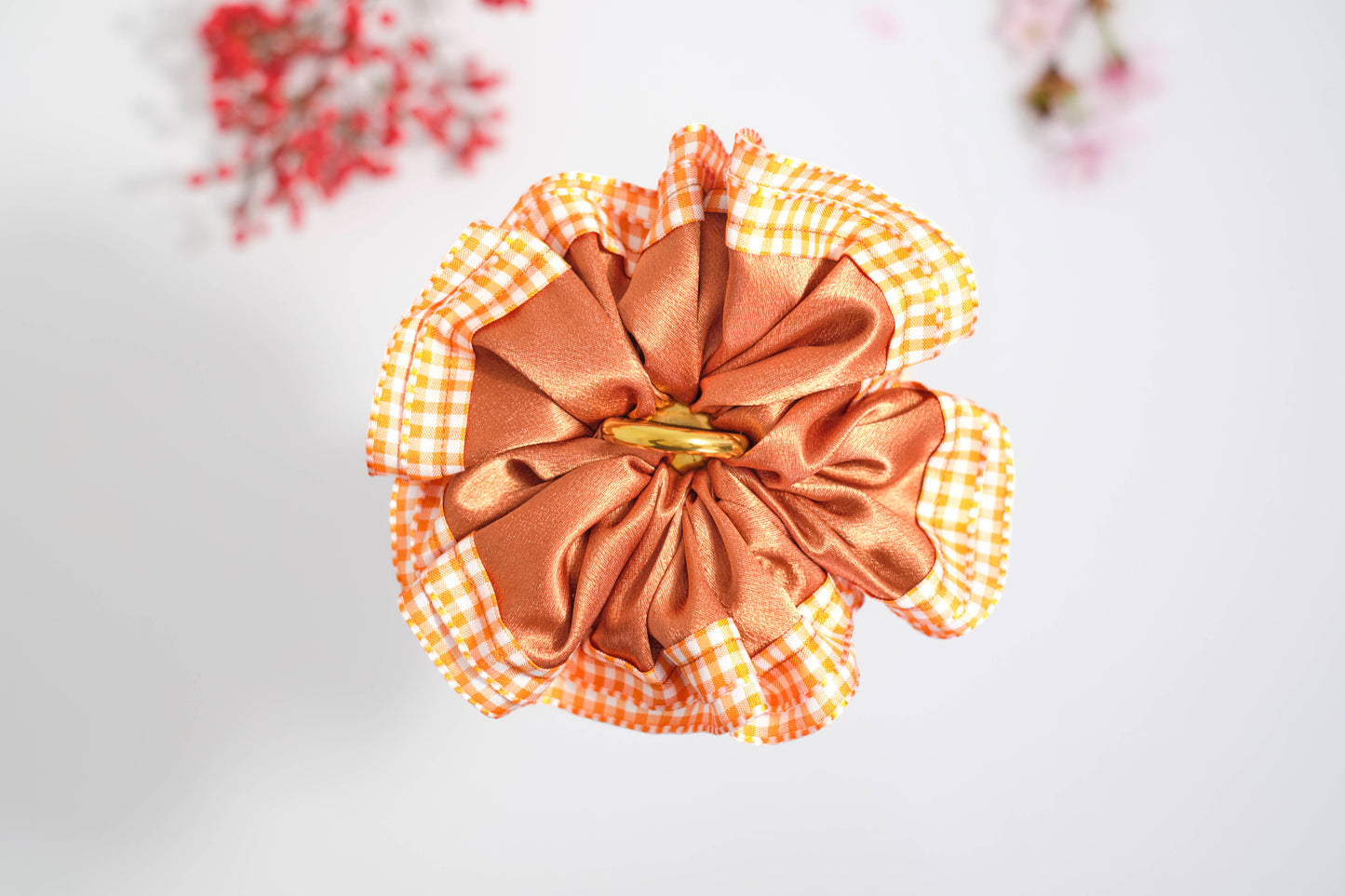 Orange Gingham & Satin Scrunchie - Layered Hair Tie