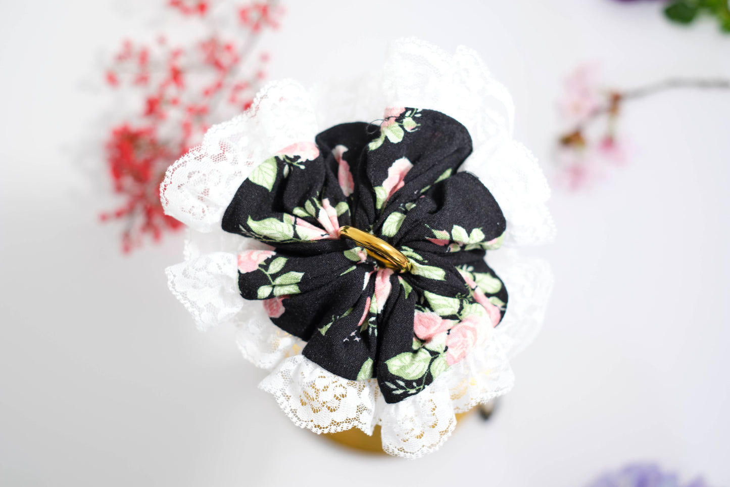 Dark Floral Scrunchie with White Lace Ruffle - Elegant Hair Tie