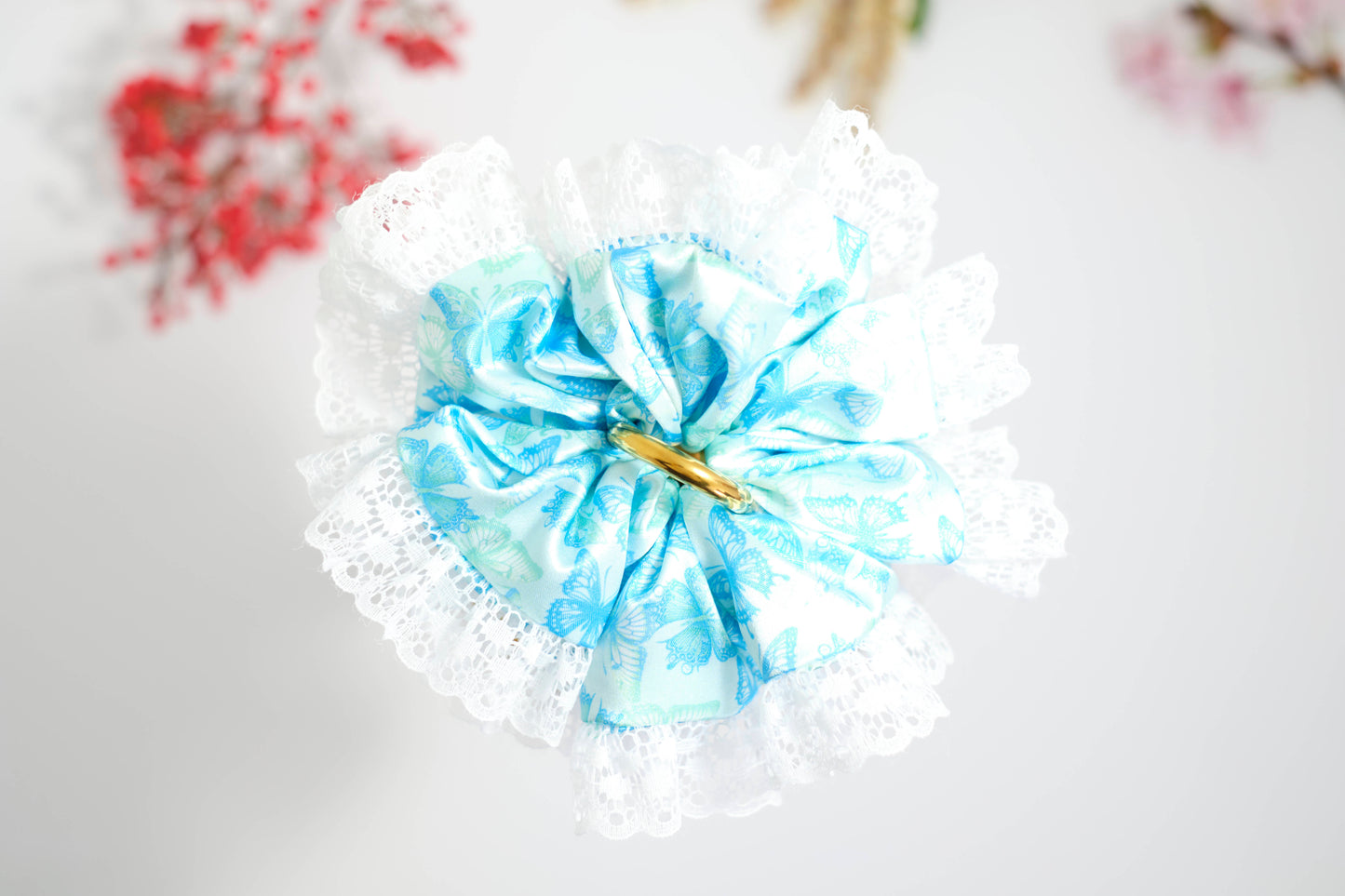 Light Blue Floral Scrunchie with White Lace Trim - Elegant Hair Tie