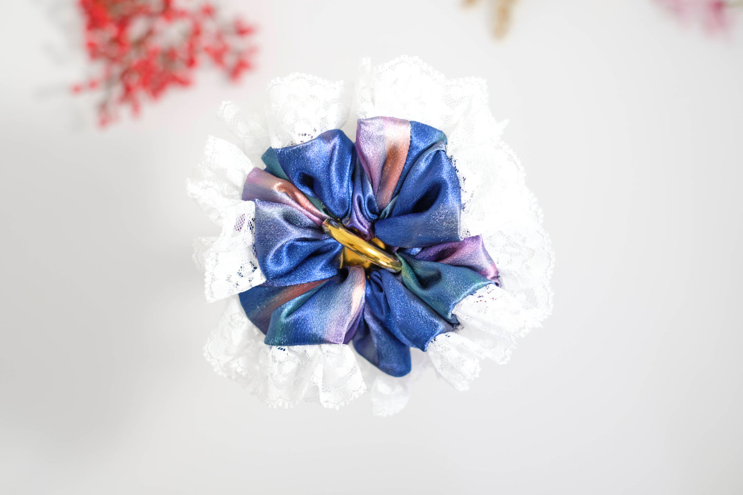 Iridescent Blue & Purple Scrunchie with White Lace Trim - Holographic Hair Tie