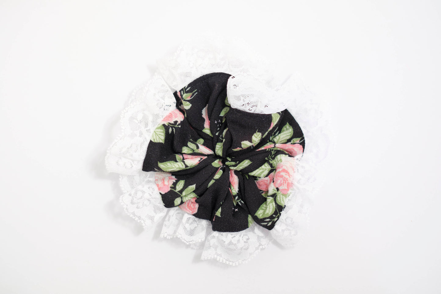 Dark Floral Scrunchie with White Lace Ruffle - Elegant Hair Tie