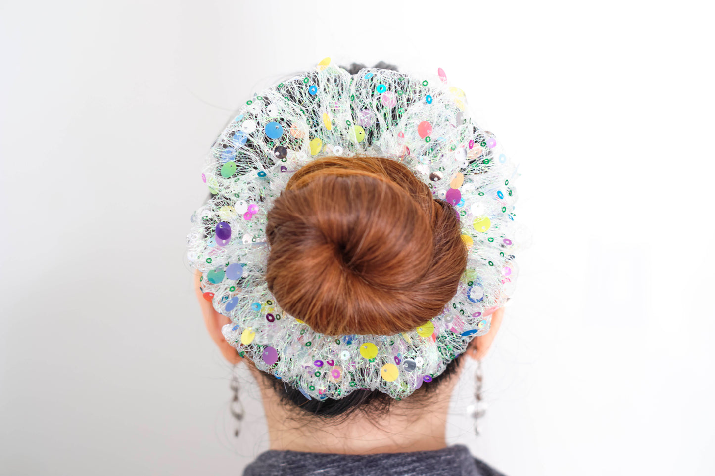 White Mesh Scrunchie with Colorful Sequins - Sparkly Hair Tie