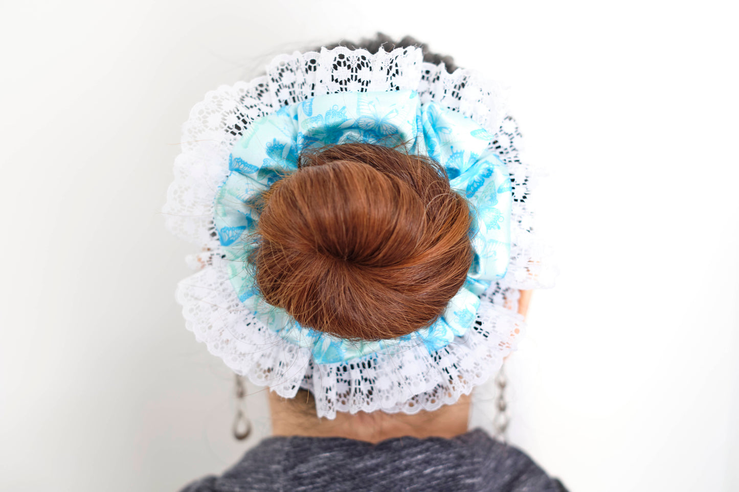 Light Blue Floral Scrunchie with White Lace Trim - Elegant Hair Tie