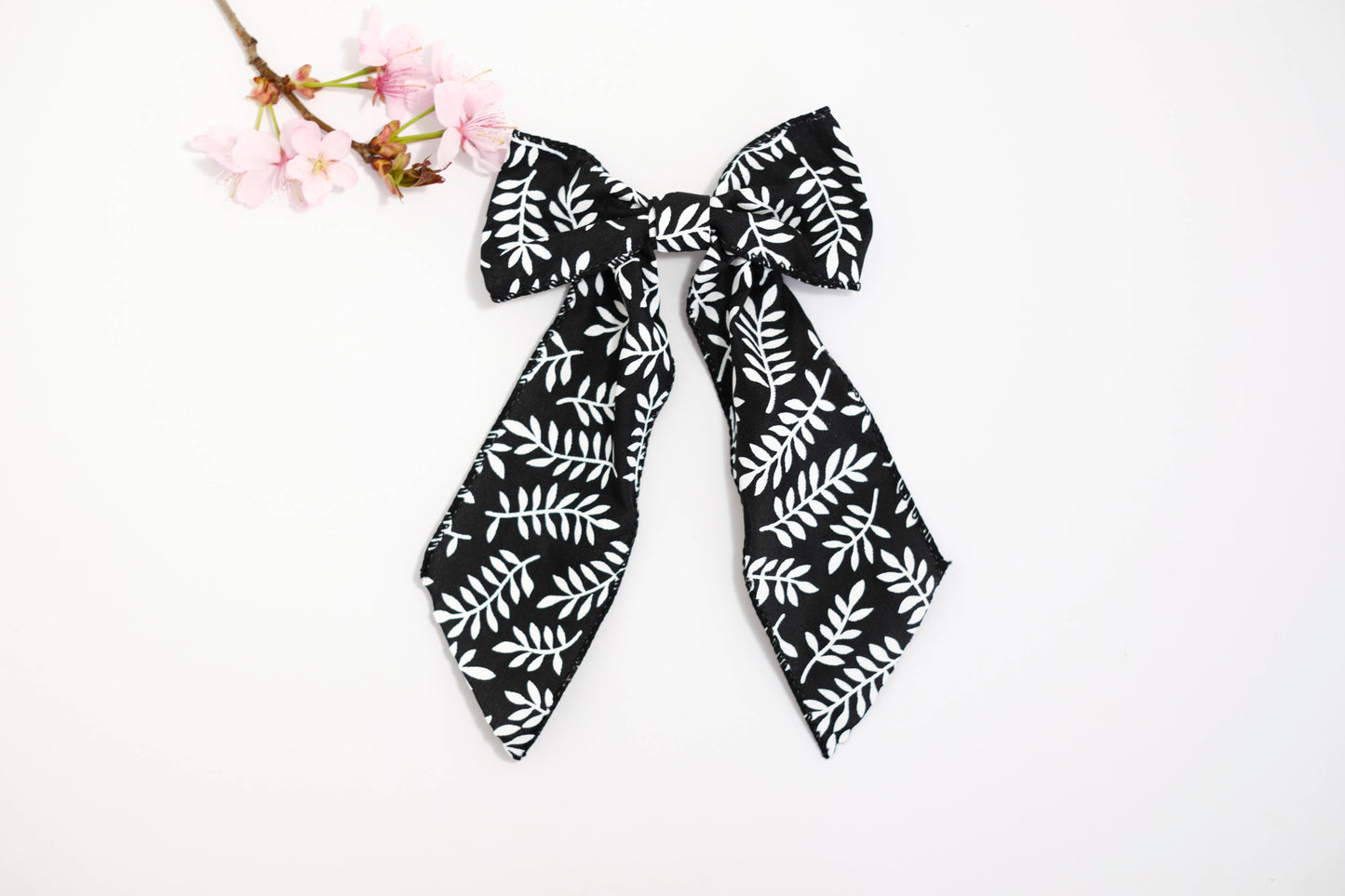 Black & White Leaf Print Wired Hair Bow - Botanical Hair Accessory