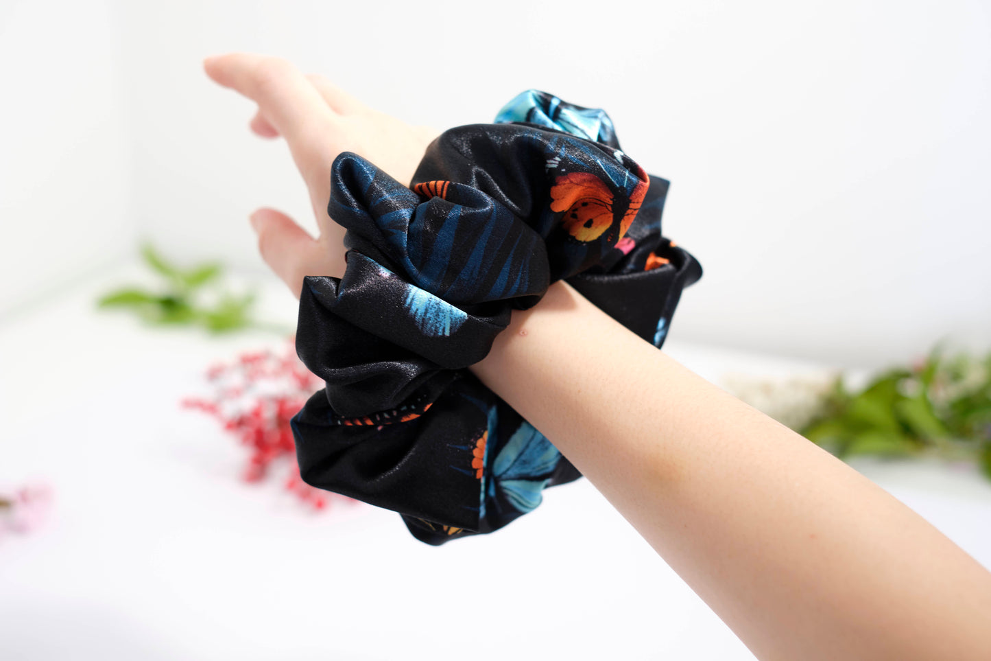 Dark Floral & Butterfly Print Scrunchie (Valentino) - Elegant Satin Hair Tie