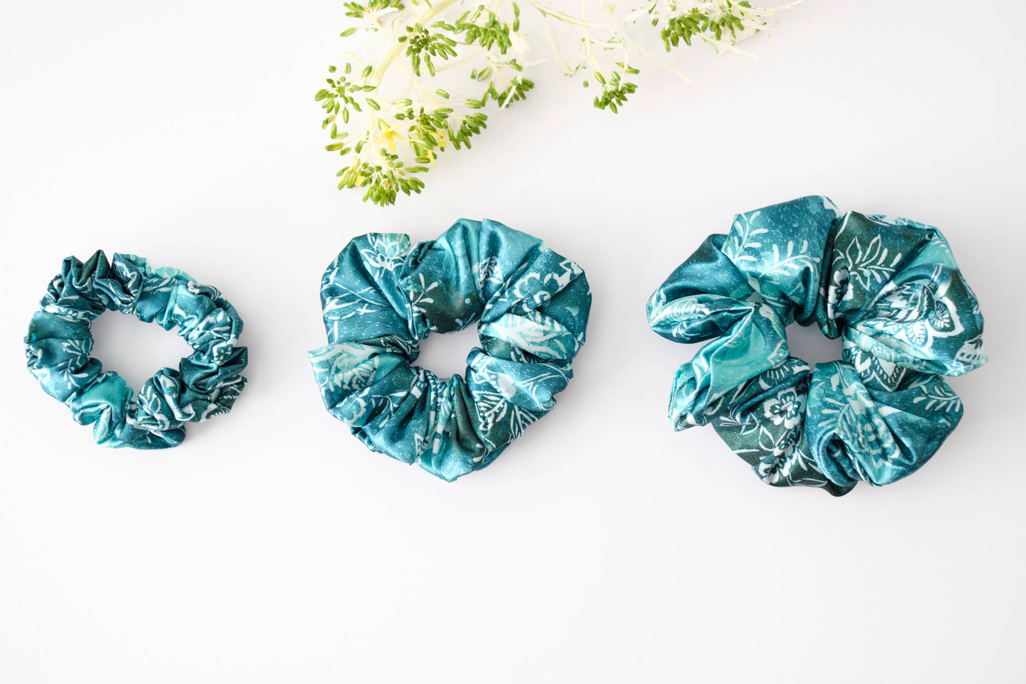 Teal Floral Print Scrunchie - Elegant Satin Hair Tie for Women