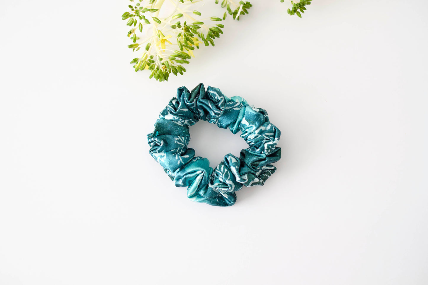 Teal Floral Print Scrunchie - Elegant Satin Hair Tie for Women