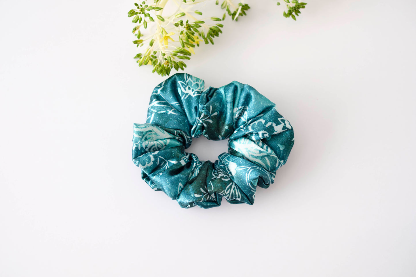 Teal Floral Print Scrunchie - Elegant Satin Hair Tie for Women