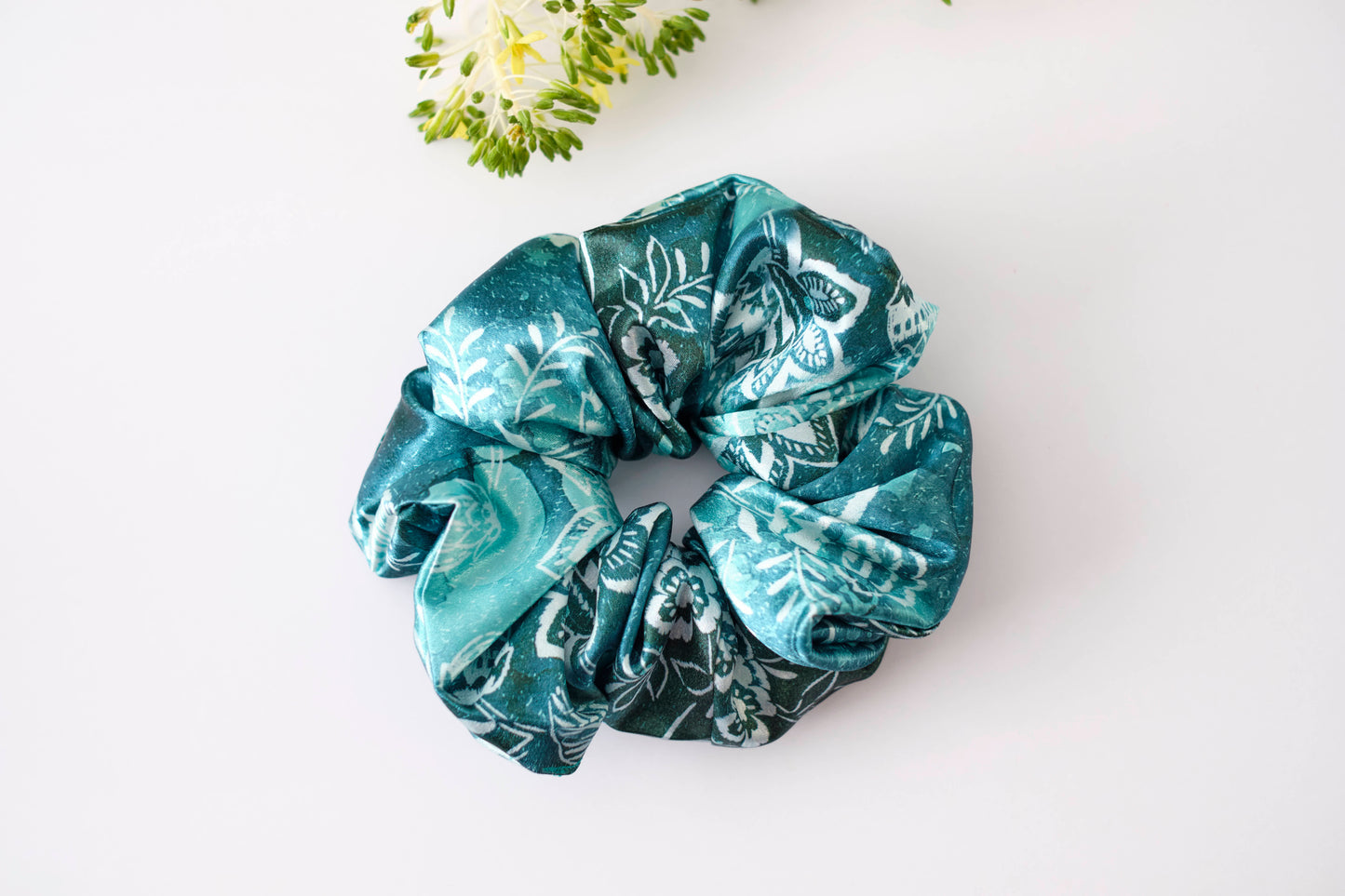 Teal Floral Print Scrunchie - Elegant Satin Hair Tie for Women