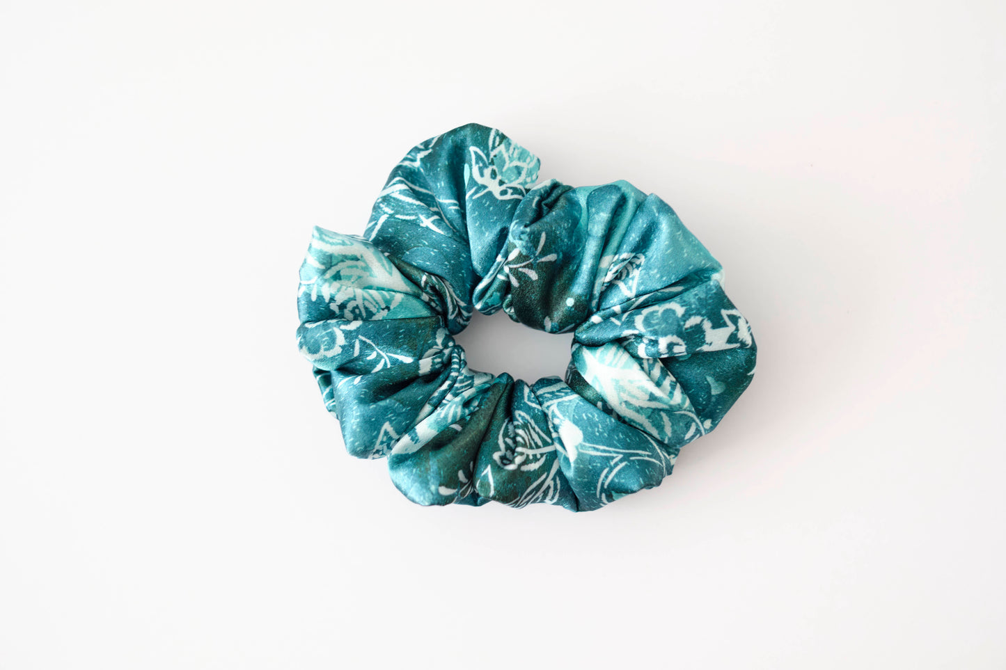 Teal Floral Print Scrunchie - Elegant Satin Hair Tie for Women