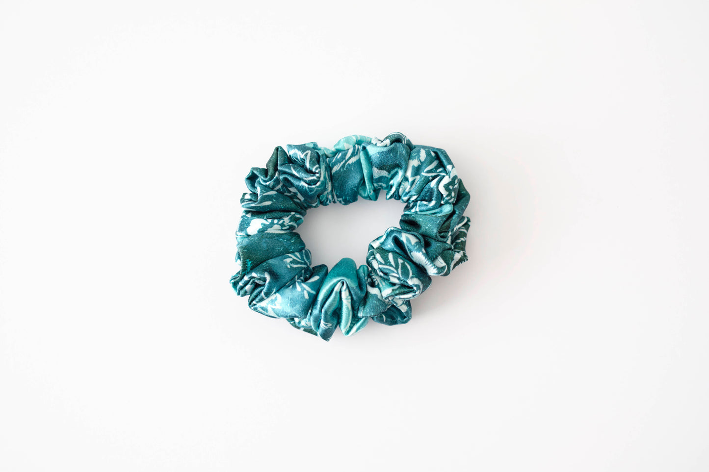 Teal Floral Print Scrunchie - Elegant Satin Hair Tie for Women