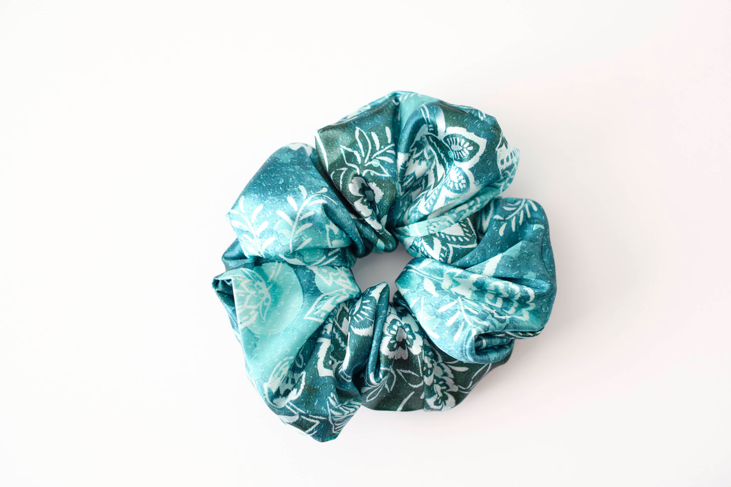 Teal Floral Print Scrunchie - Elegant Satin Hair Tie for Women
