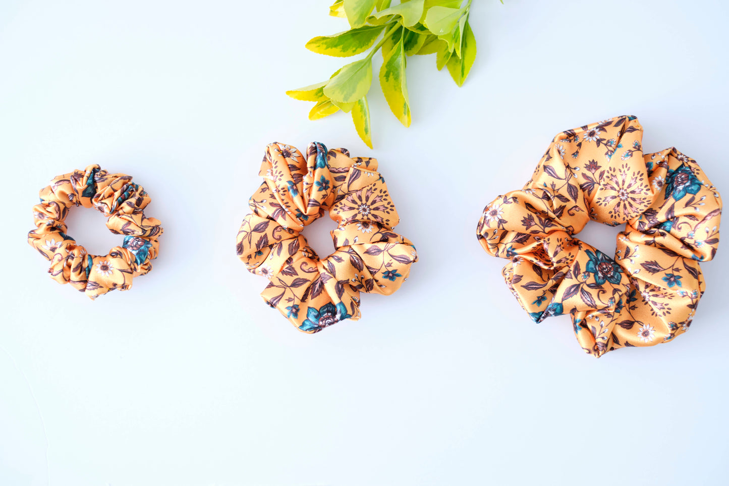 Orange Floral Scrunchie - Warm Tone Flower Hair Tie - Soft Fabric