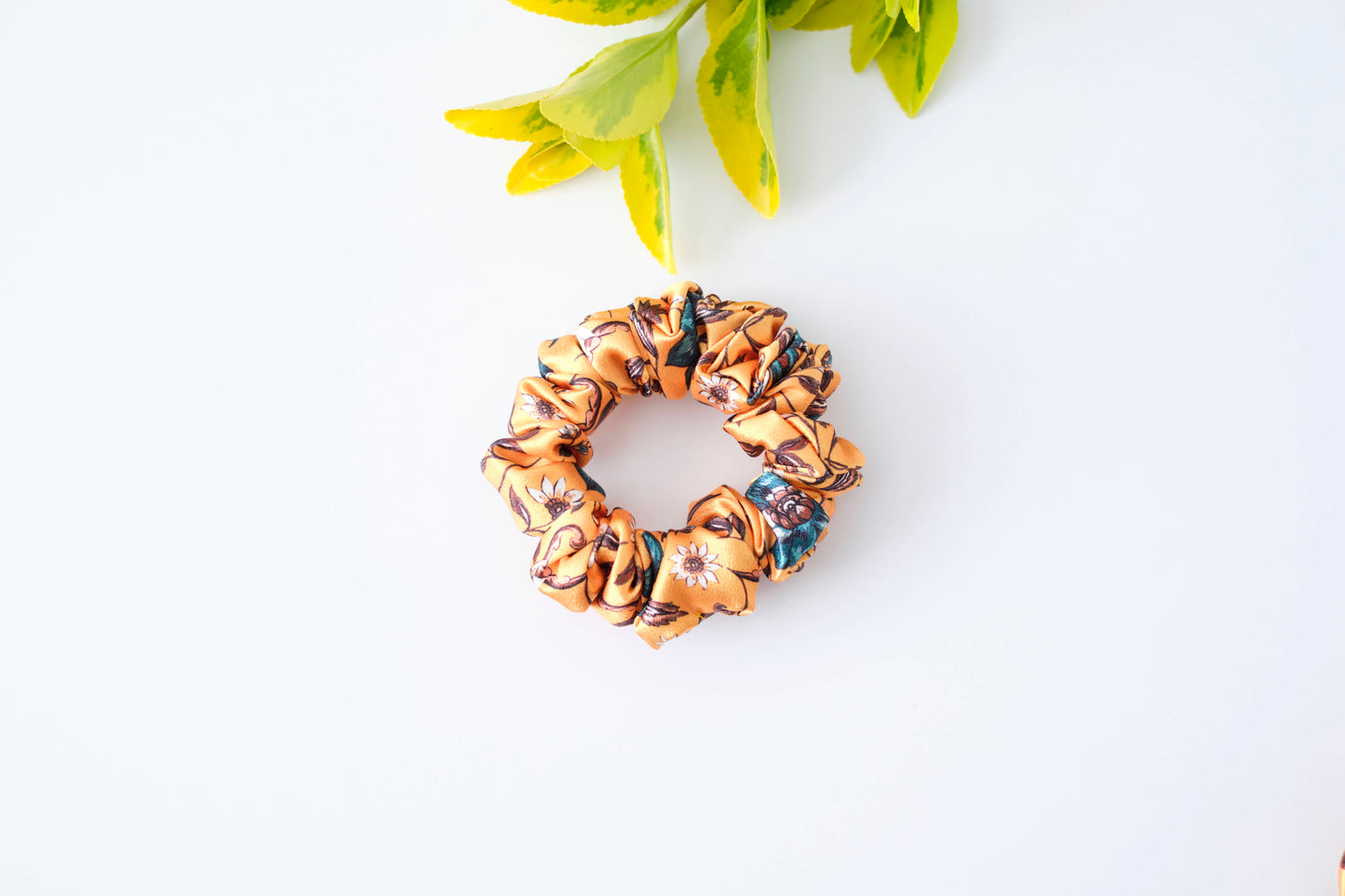 Orange Floral Scrunchie - Warm Tone Flower Hair Tie - Soft Fabric