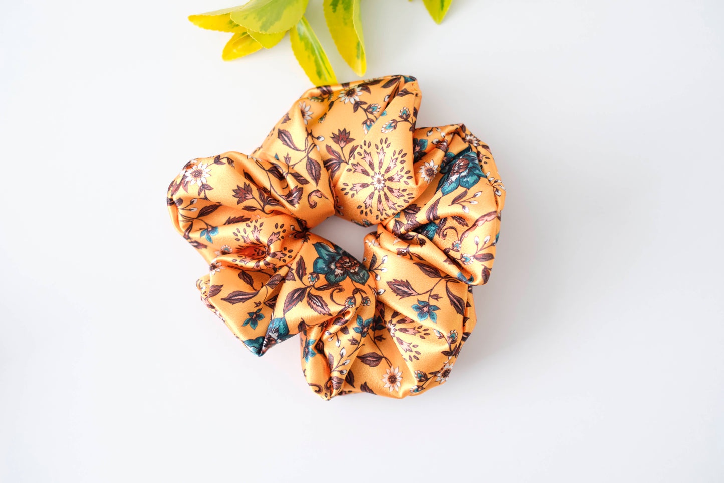 Orange Floral Scrunchie - Warm Tone Flower Hair Tie - Soft Fabric