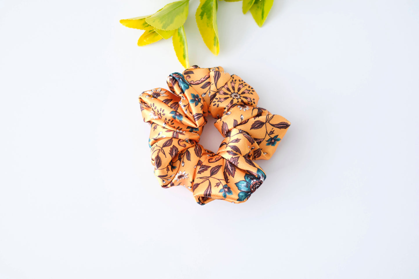 Orange Floral Scrunchie - Warm Tone Flower Hair Tie - Soft Fabric