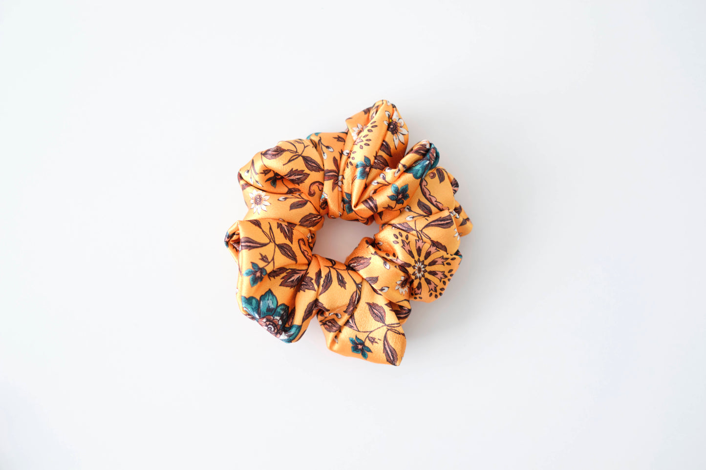 Orange Floral Scrunchie - Warm Tone Flower Hair Tie - Soft Fabric