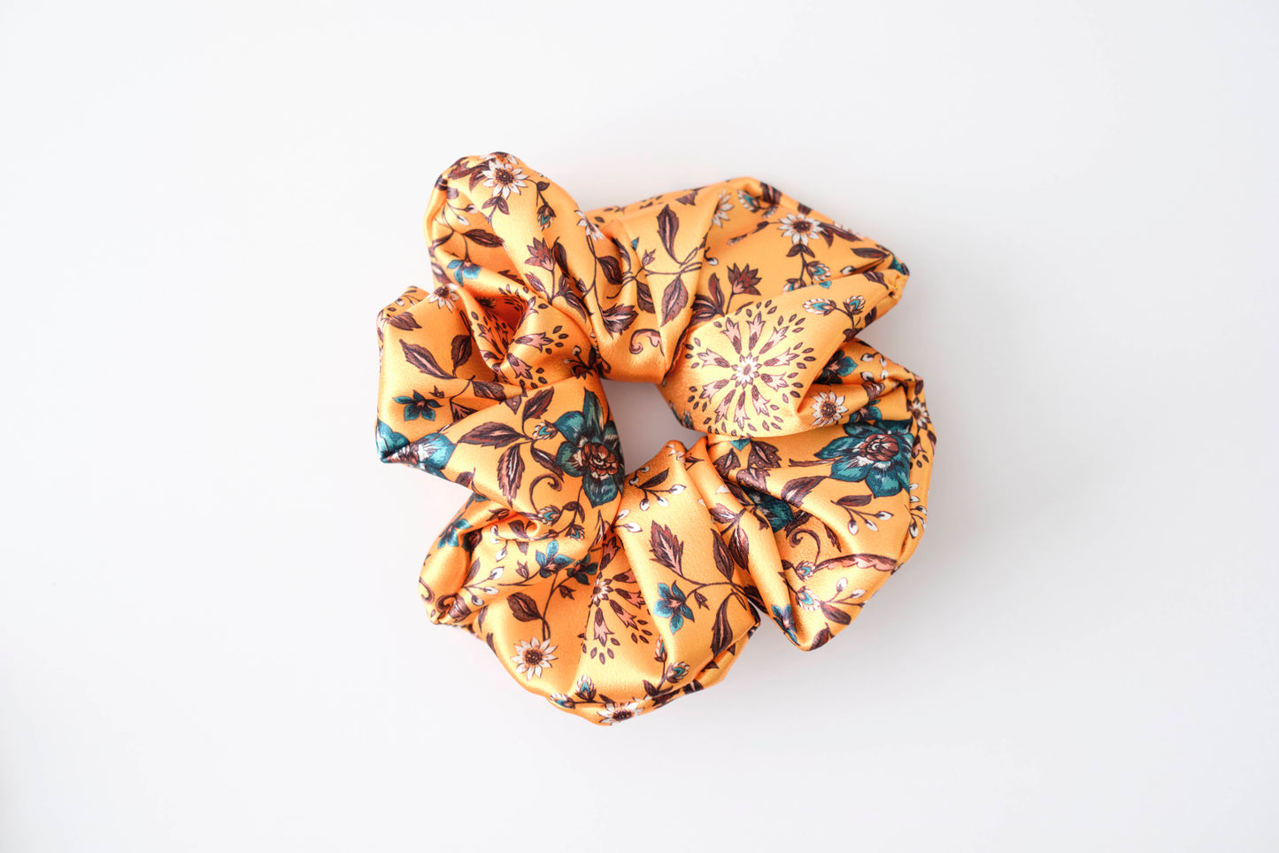 Orange Floral Scrunchie - Warm Tone Flower Hair Tie - Soft Fabric