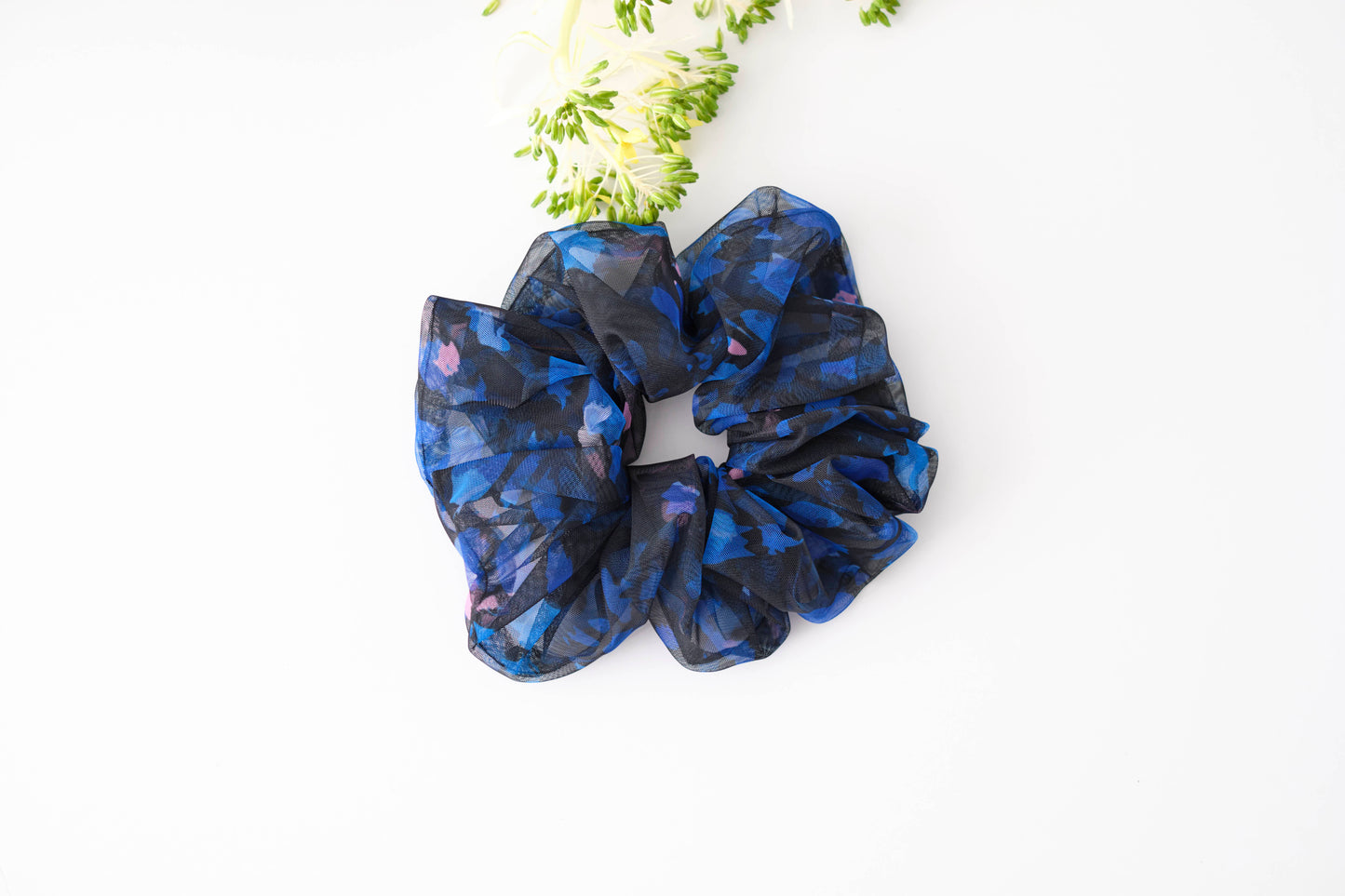 Blue Mesh Floral Scrunchie - Sheer Flower Hair Tie