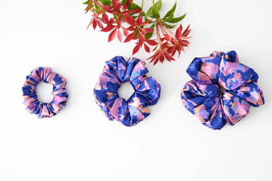 Moonlight Mirage Satin Scrunchie - Luxurious Blue & Peach Hair Tie
