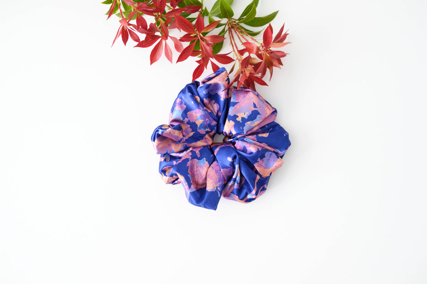 Moonlight Mirage Satin Scrunchie - Luxurious Blue & Peach Hair Tie