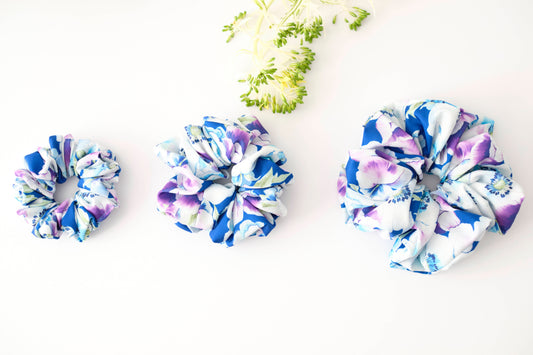 Blue & White Floral Scrunchie - Vibrant Flower Hair Tie