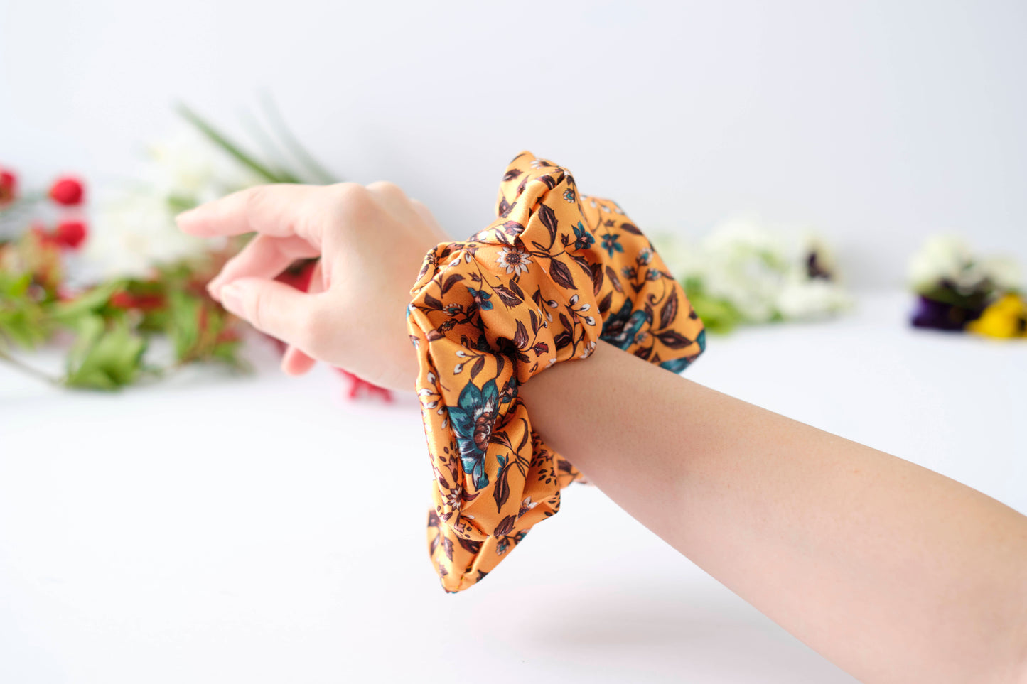 Orange Floral Scrunchie - Warm Tone Flower Hair Tie - Soft Fabric