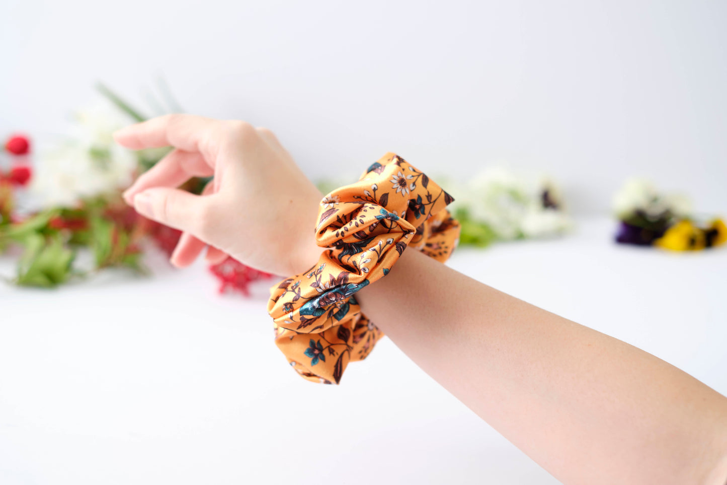 Orange Floral Scrunchie - Warm Tone Flower Hair Tie - Soft Fabric