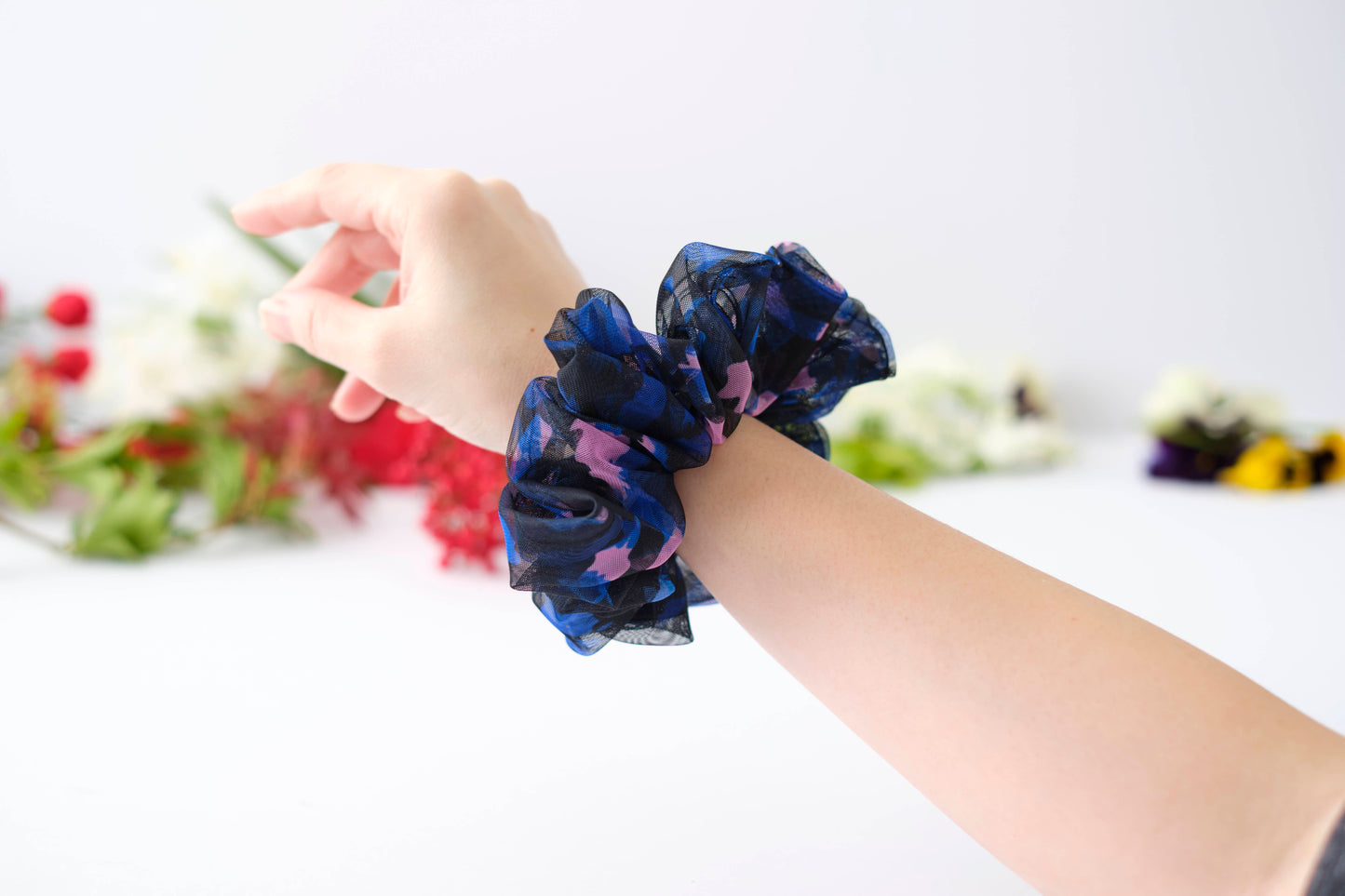 Blue Mesh Floral Scrunchie - Sheer Flower Hair Tie
