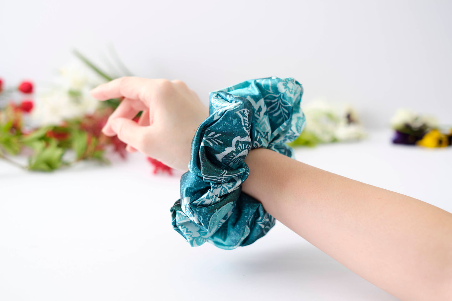 Teal Floral Print Scrunchie - Elegant Satin Hair Tie for Women