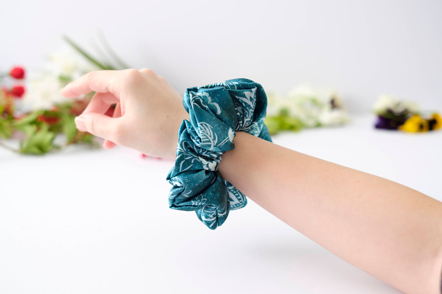 Teal Floral Print Scrunchie - Elegant Satin Hair Tie for Women