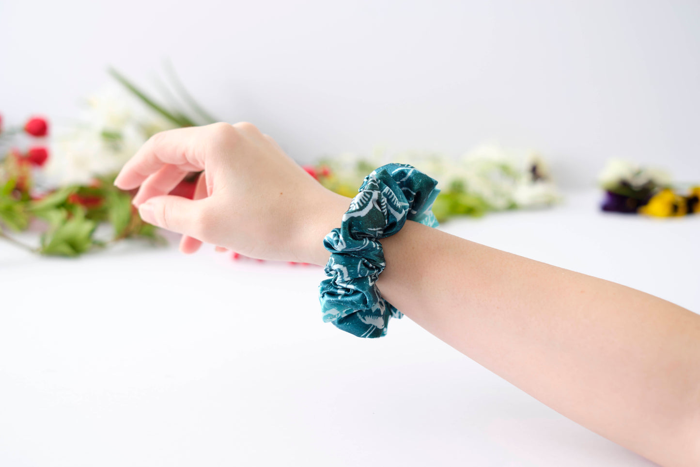 Teal Floral Print Scrunchie - Elegant Satin Hair Tie for Women