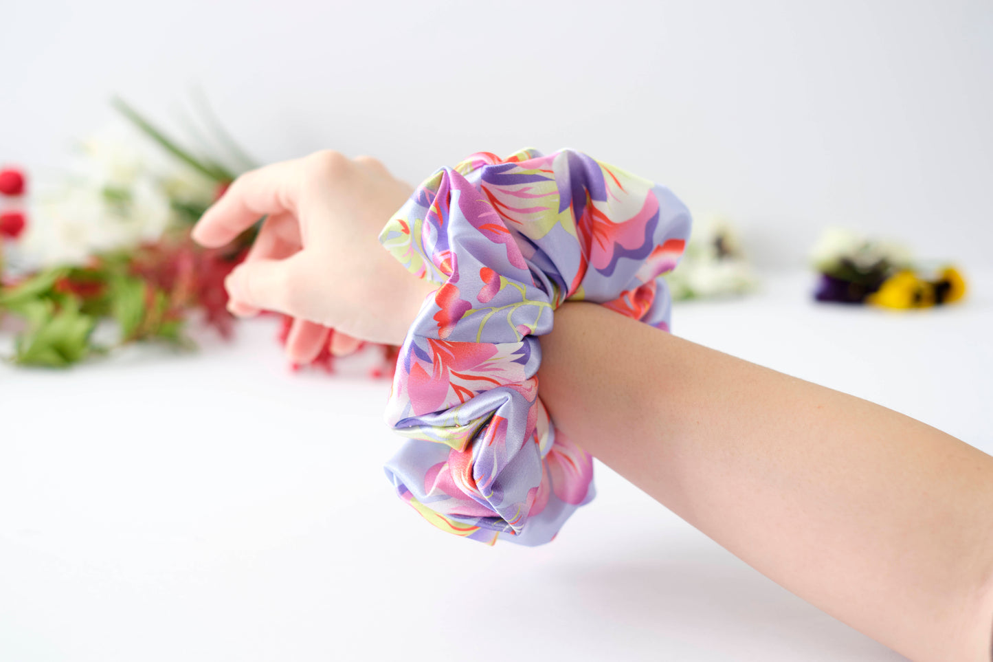 Pastel Floral Hair Scrunchie - Soft Fabric Tie