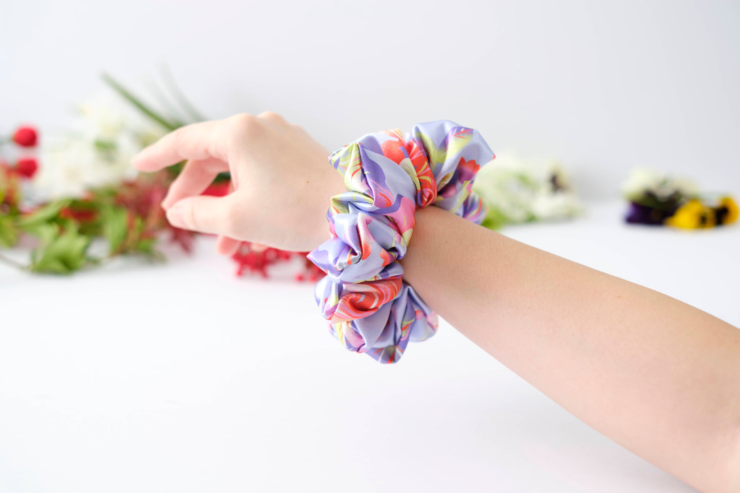 Pastel Floral Hair Scrunchie - Soft Fabric Tie