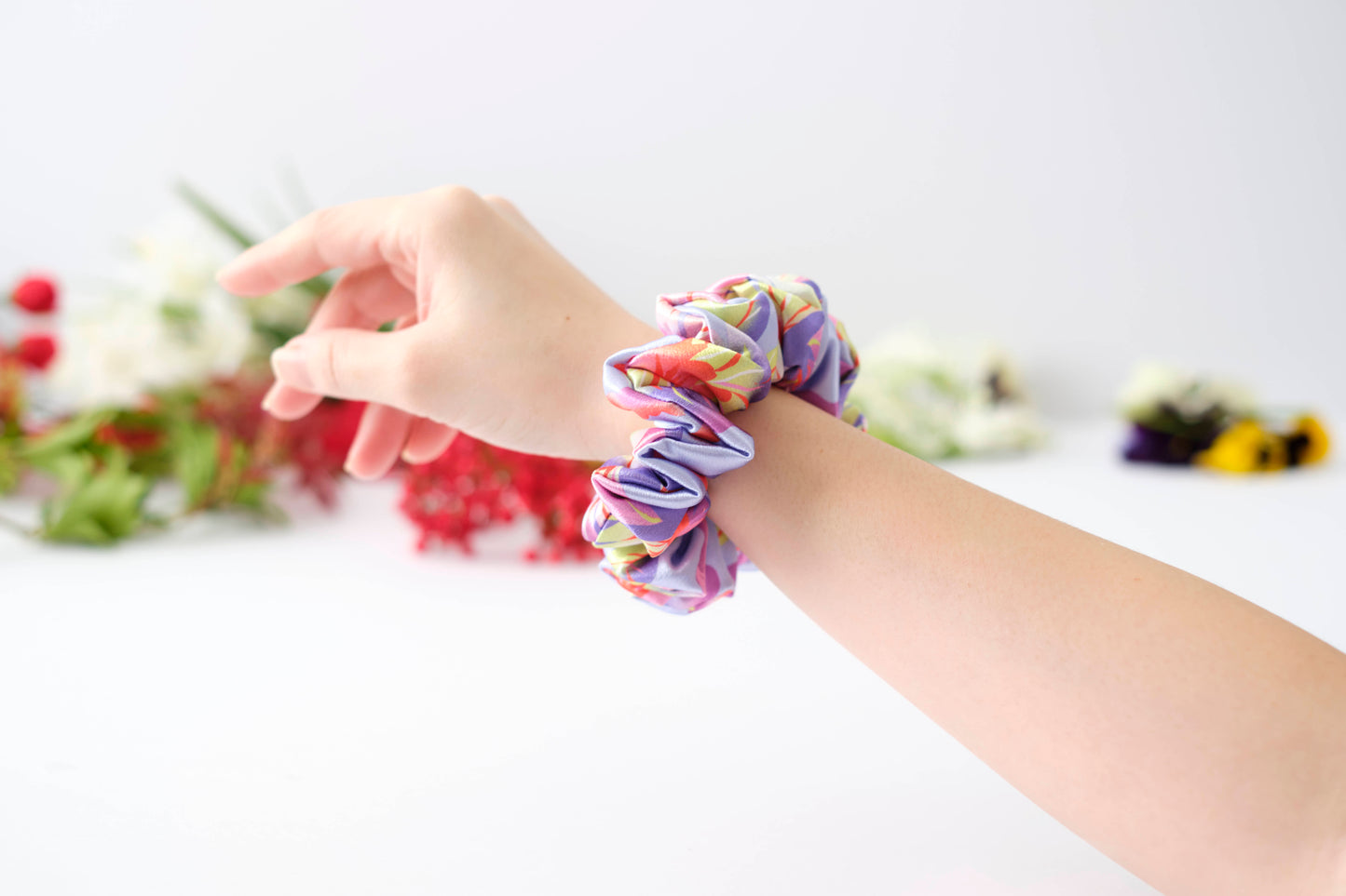 Pastel Floral Hair Scrunchie - Soft Fabric Tie