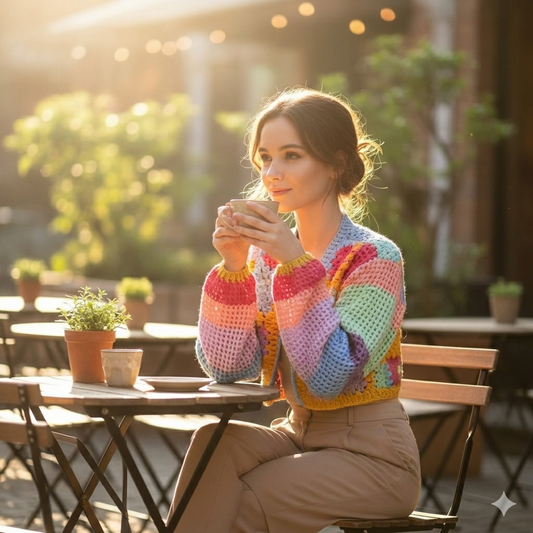 Pastel Granny Square Crochet Cardigan - Colorful Bohemian Milk Cotton Jacket