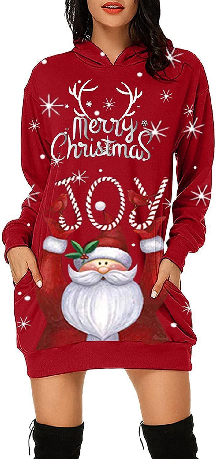 Women's Long-sleeved Sweater Dress Autumn New Christmas Print Hooded Skirt