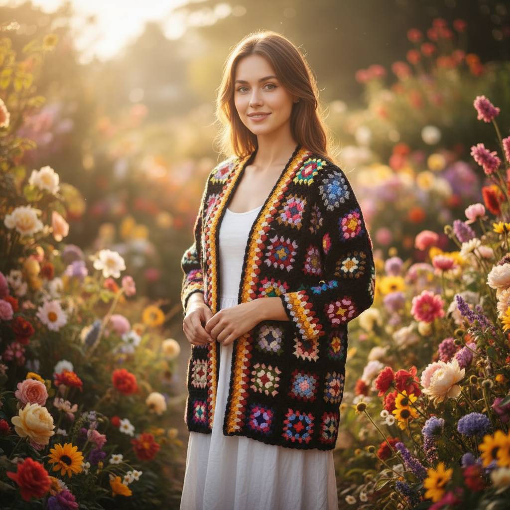 Handmade Black Granny Square Crochet Cardigan with Colorful Accents