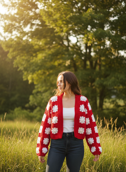 Red & White Granny Square Crochet Baby Jacket - Handmade Knit Cardigan