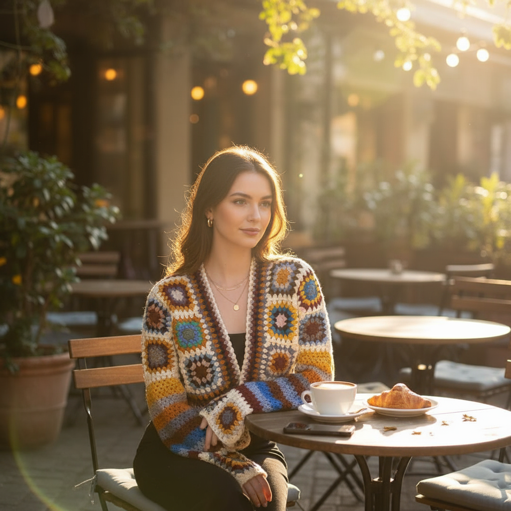 Neutral Tones Granny Square Crochet Cardigan - Earthy Bohemian Knit Jacket