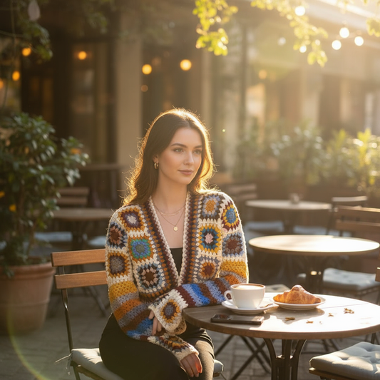 Neutral Tones Granny Square Crochet Cardigan - Earthy Bohemian Knit Jacket
