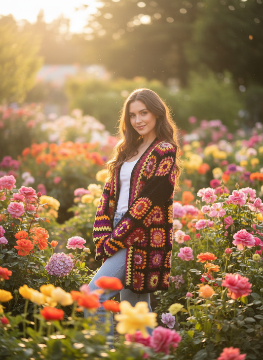 Black Granny Square Crochet Cardigan with Vibrant Floral Centers