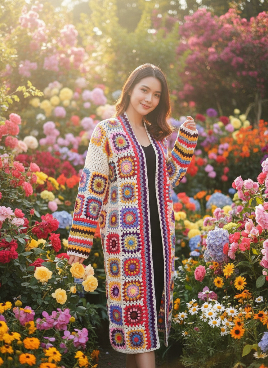 Long Colorful Granny Square Crochet Cardigan - Bohemian Knit Coat