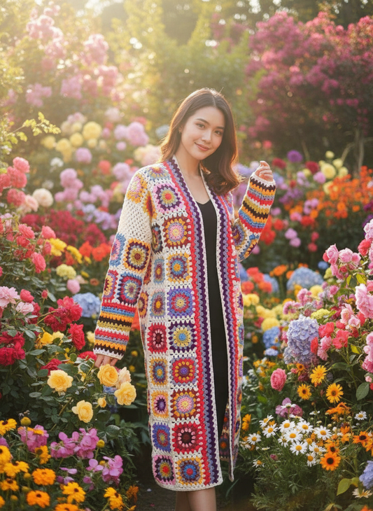 Long Colorful Granny Square Crochet Cardigan - Bohemian Knit Coat